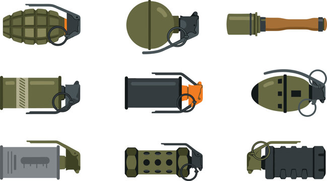 Military Hand Grenade Vector Set Featuring Fragmentation Flashbang Smoke and Explosive Weapon Symbols for Video Game Asset and Graphic Designs