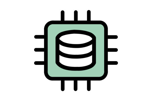 Green chip icon with a database stack for data processing
