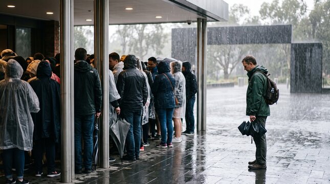 Traveler trapped in crowded shelter during rain, Tourist congestion at attraction entrance, Bad weather worsening holiday queue, Vacation sightseeing problem