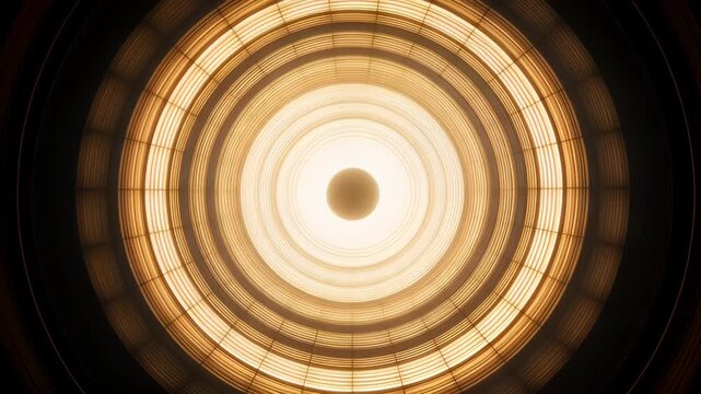Flashing amber light spotlight through concentric glowing rings and circle creates abstract tunnel with radiant symmetry, dramatic visual depth, warm energy, dark background, futuristic design