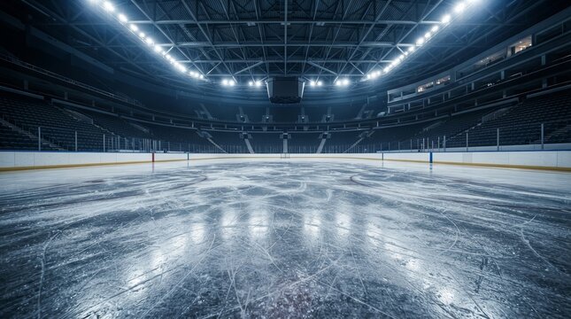 The interior view of a modern hockey stadium and ice rink under bright arena lights.