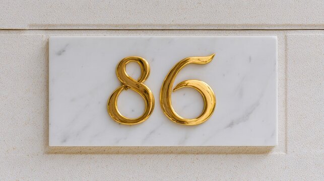 Modern house number House number 86 in shiny gold on a white marble plaque mounted on a textured beige wall.