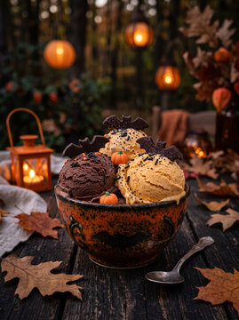 Chocolate pumpkin ice cream with chocolate sauce and bat on top,  pumpkin halloween theme dark decoration table setting