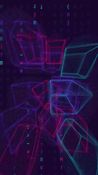 Abstract 3D Neon Wireframe Cubes and Floating Data Characters Background.