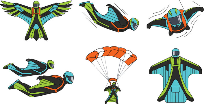 Extreme Wingsuit Flying and Skydiving Character Vector Set Featuring Skydivers Base Jumping Paragliding and Gliding in Mid Air Poses