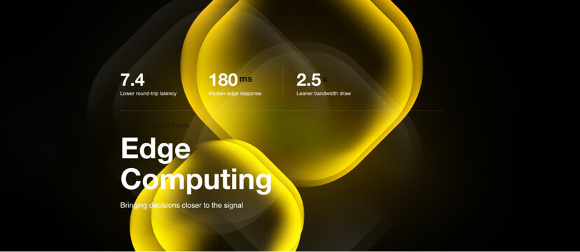 Abstract yellow design showcases edge computing concept. Metrics highlight latency, response time, bandwidth. Modern visual presentation.