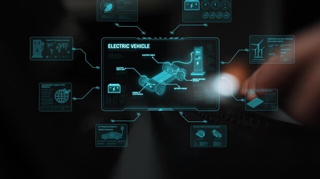 Technical layout of electric vehicle showing battery system, power control, traction motor, charging interface, and integration with renewable and smart energy sources Marrow
