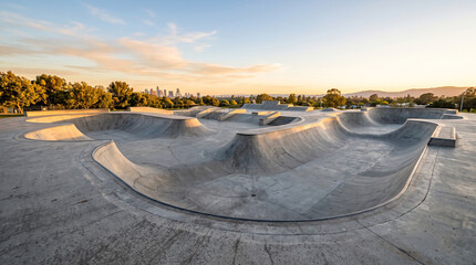 Obraz premium Expansive empty concrete skatepark featuring bowls and ramps under a beautiful sunset sky with a distant city skyline.
