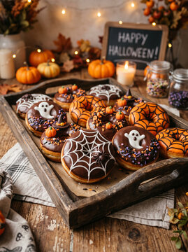 Halloween theme pumpkin donuts on wooden tray,  pumpkin halloween decoration table setting