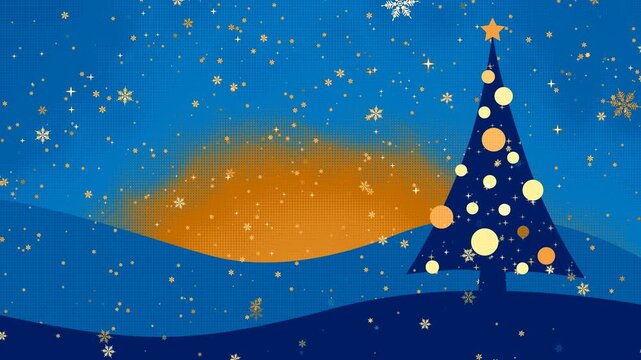 abstract Christmas tree with glowing ornaments as golden snowflakes fall slowly and gently, retro loopable halftone animation
