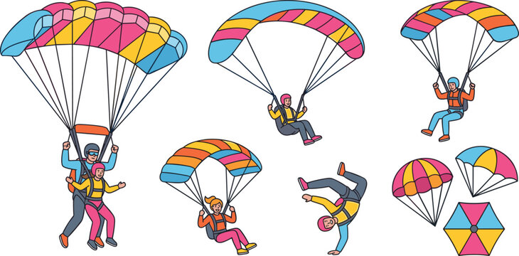 Colorful Parachuting and Paragliding Vector Set Featuring Tandem Skydivers, Solo Gliders, Acrobatic Tricks, and Isolated Colorful Parachute Canopy Design Elements