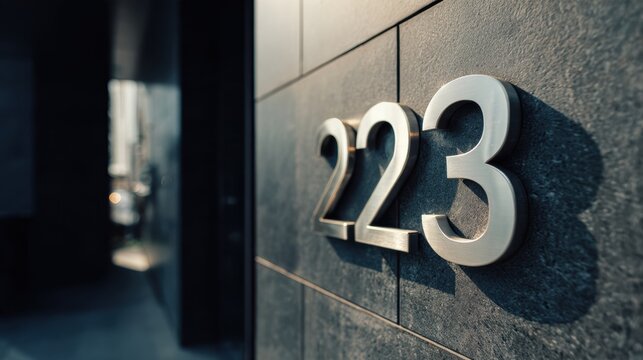 Metallic house number 223 mounted on a textured wall with a blurred urban background and strong shadow.
