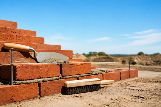 Bricklaying tools and red bricks on a construction site in hard sunlight