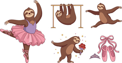 Obraz premium Cute Sloth Ballerina Cartoon Character Vector Set with Ballet Poses Tutu Skirt Gymnastics Bar and Point Shoes for Children Graphic Designs
