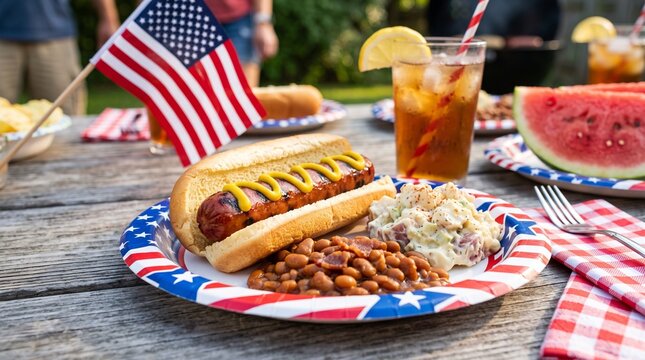 Grilled hot dog with mustard served on a patriotic paper plate at an outdoor summer cookout feast