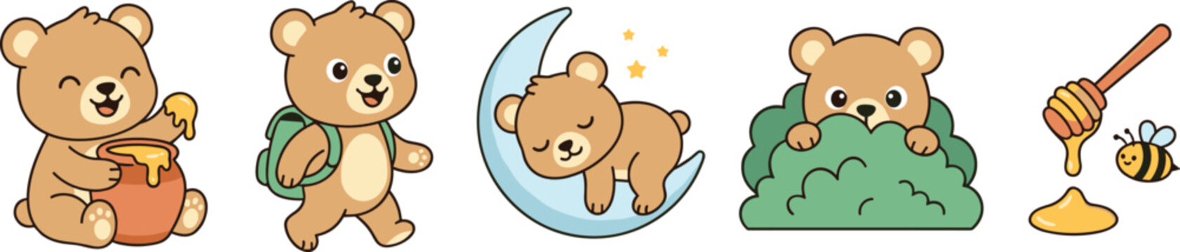 Cute Teddy Bear Cartoon Character Vector Pack with Honey Pot Backpack Sleeping Moon and Bush Elements for Children Graphic and Sticker Designs