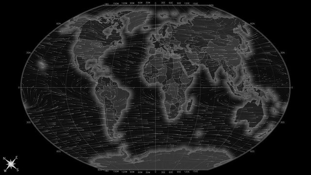 Digitally animated world map with complex global wind currents, dynamic visualization of atmospheric flow data, loopable animation