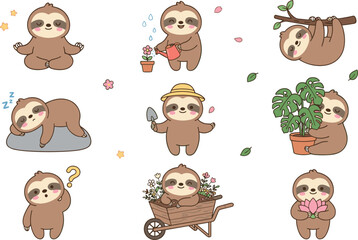 Obraz premium Cute cartoon sloth vector character collection featuring funny animal gardening meditating sleeping hanging on branch and holding flowers isolated on white background
