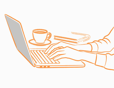 Focused Workflow: A pair of hands skillfully types on a laptop keyboard, accompanied by a steaming cup of coffee and an open book, signifying diligent work or study.