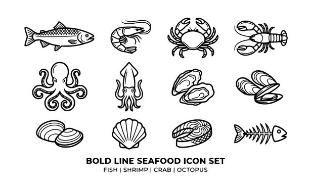Bold line seafood icon set with fish shrimp crab lobster octopus squid oyster mussels clam scallop and fish bone in black outline vector illustration