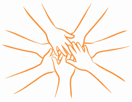Hands United in Collaboration: A vibrant illustration depicts multiple hands interlocked in a powerful symbol of teamwork and solidarity, suggesting unity and shared purpose.