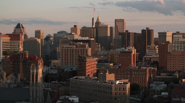 Aerial view of Downtown Baltimore at sunset