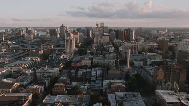 Aerial view of Downtown Baltimore at sunset