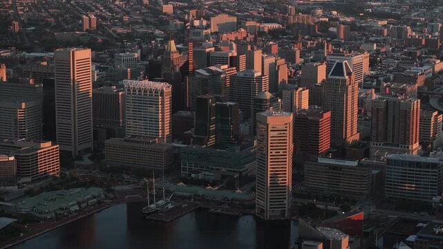 Aerial view of Downtown Baltimore at sunset