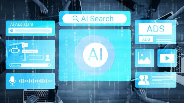 Modern Digital Interface Featuring AI Search Functionality with Chatbot, Ads, and Multimedia Elements on a Futuristic Background Gluon.