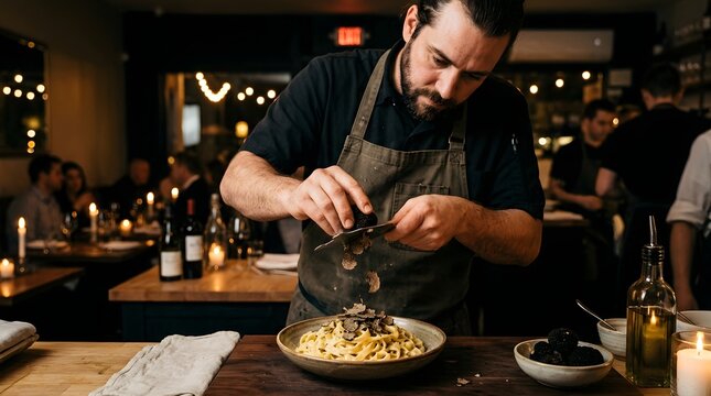 Chef shaves fresh black truffle over fettuccine pasta in dimly lit restaurant