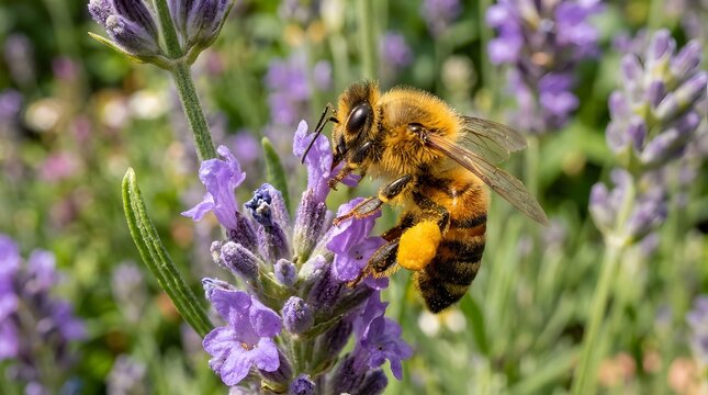 Furry honey bee with pollen on leg