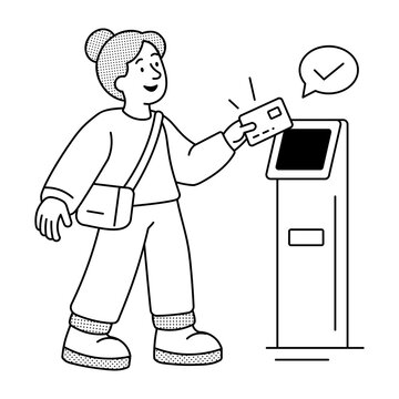 Hand-drawn illustration of a person making a contactless smart payment at a digital terminal, showing a playful futuristic payment technology concept.