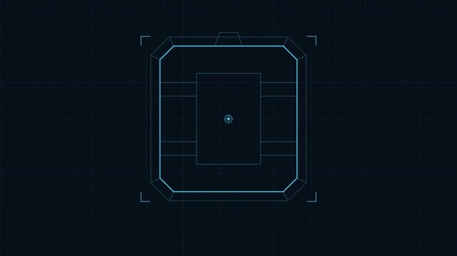 A futuristic technical blueprint HUD animation where precise digital lines progressively draw and construct a three-dimensional technology object, activate its central core, then deconstruct back into