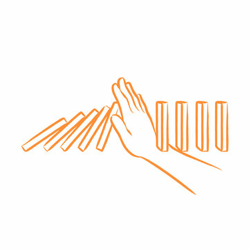 Domino Effect Intervention: A hand halts a cascade of falling dominoes, symbolizing intervention and prevention.