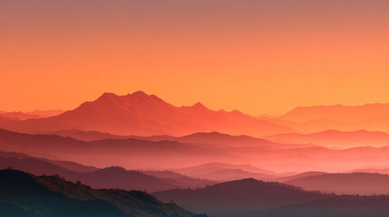 Fototapeta premium Panoramic view of misty mountain layers during a orange sunrise with golden hour