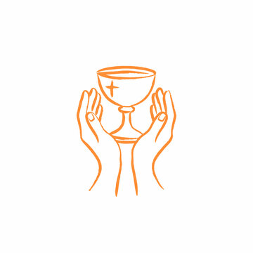 Communion Chalice Held with Reverence: A stylized illustration depicts open hands gently cradling a chalice, a symbol of communion with a cross etched on its surface.