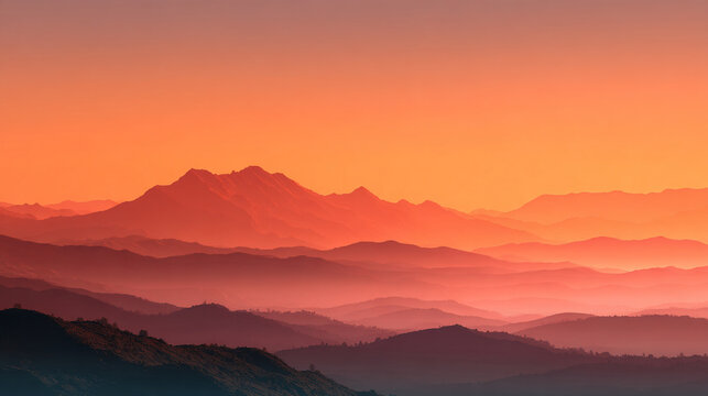 Panoramic view of misty mountain layers during a orange sunrise with golden hour