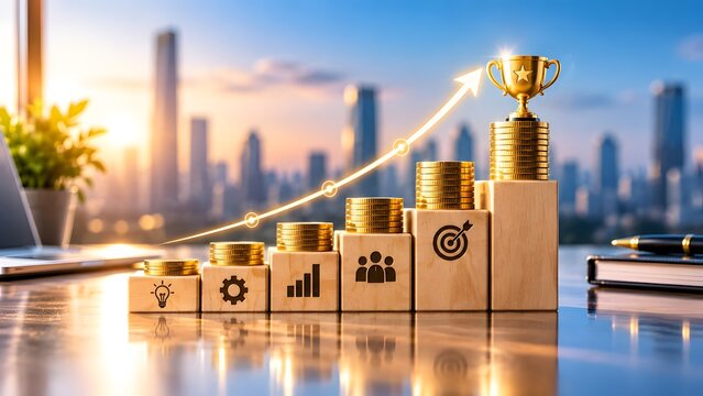 Business financial growth concept showing rising wooden blocks stacked with gold coins upward glowing arrow and champion trophy against city skyline