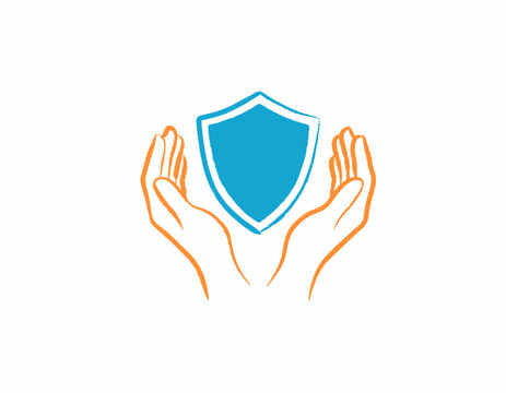 Shield of Protection: Two cupped hands gently support a bright blue shield, symbolizing safety, security, and assurance. A clean and simple graphic representing protection and care.