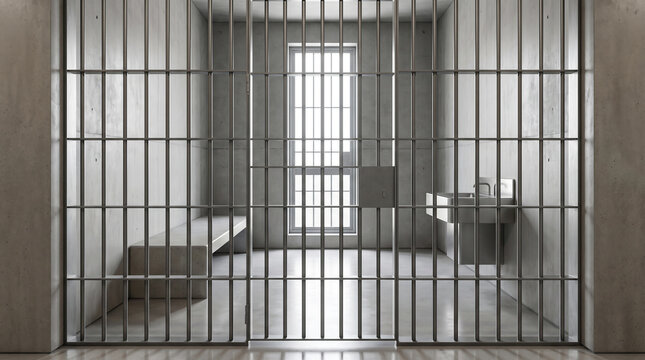 A stark and modern empty prison cell viewed through heavy steel bars, symbolizing incarceration and the justice system.