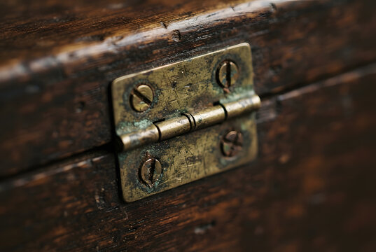&bull;	Close-up macro view of a tiny antique metal hinge fixing the lid of an old wooden box