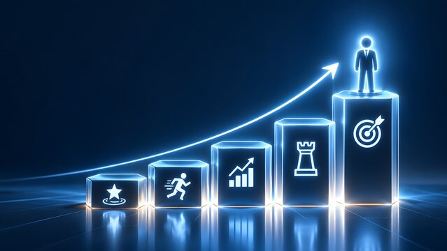 Glowing digital ascending pedestals with strategic business icons and an upward arrow leading to a human figure representing career growth and leadership success