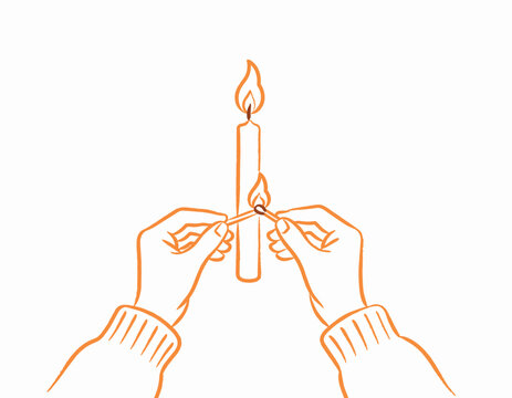Lighting the Way: Hands hold a match to a lit candle, igniting a second flame, symbolizing connection and the passing of knowledge or inspiration in a minimalist illustration.