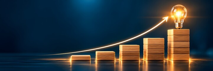 Ascending wooden block staircase leading to a brightly glowing lightbulb with an upward trend line representing innovative business growth strategy