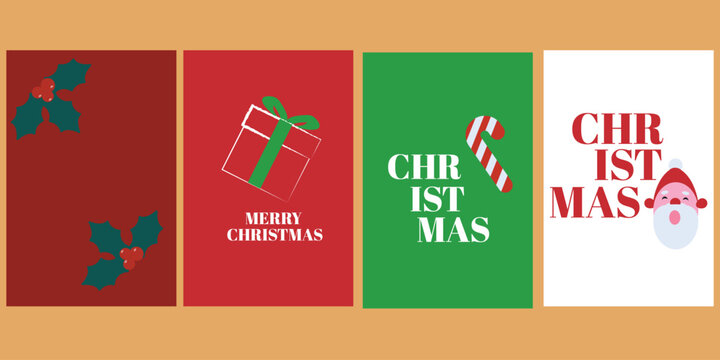 Flat Vector Christmas Greeting Card Set with Holly Gift Candy Cane and Santa.

