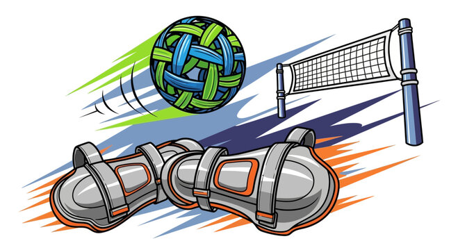 Dynamic illustration of a sepak takraw ball in mid-air with motion lines, alongside a sports net and protective shin guards, ready for action.