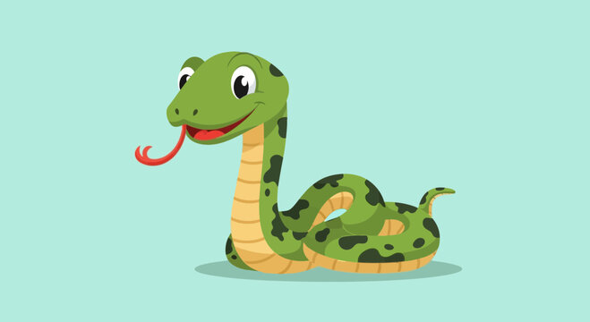 Cute cartoon green snake with black spots and a red tongue smiling on a light blue background, a friendly reptile illustration.