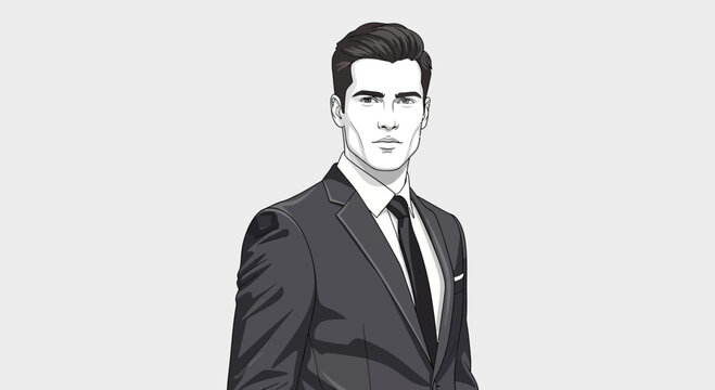 Stylized black and white illustration of a confident man in a sharp business suit and tie, looking directly forward.