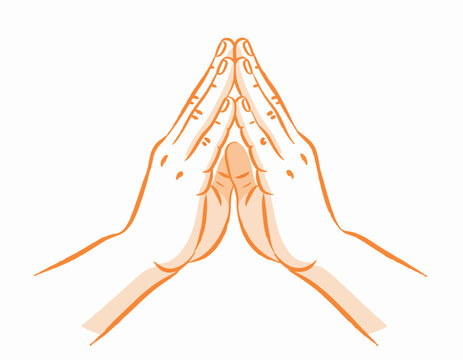 Prayer hands gesture in meditation, yoga, and spirituality: A stylized illustration depicts two hands pressed together in a devotional or meditative gesture, symbolizing peace, mindfulness.