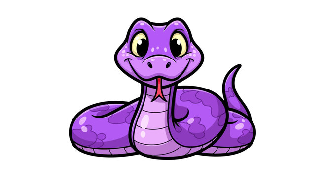 Cute cartoon purple snake coiled up with a friendly smile and tongue out on a white background.